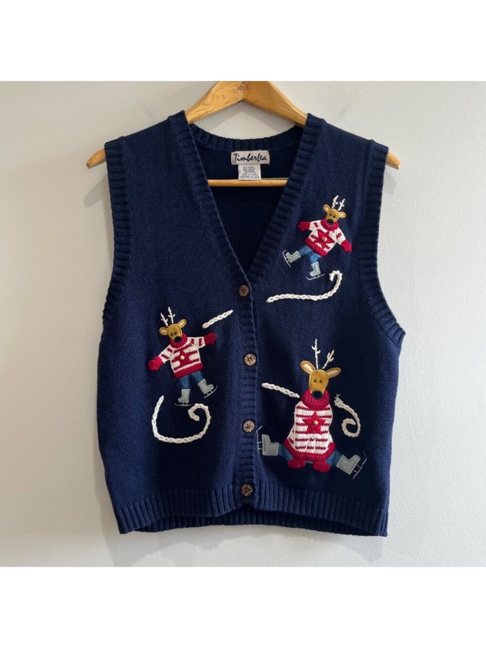 Timberlea Vintage 90s Sweater Vest Womens L Nave Embroidered Reindeer